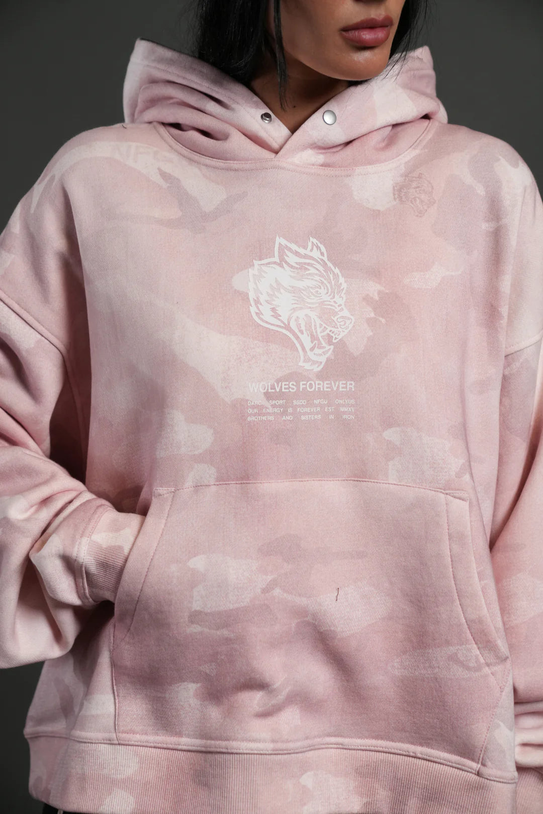WOLVES HAVE YOUR BACK UNISEX "BOX CUT" PIERCE HOODIE IN BLUSH VINTAGE WOODLAND CAMO