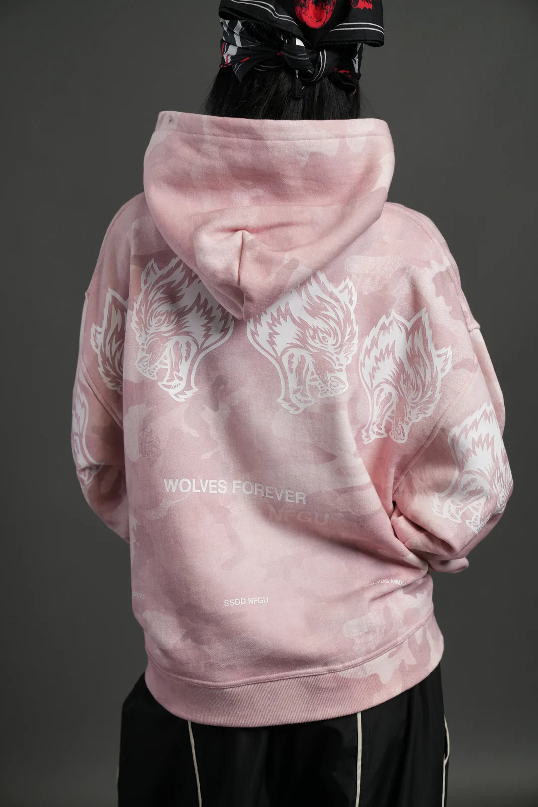WOLVES HAVE YOUR BACK UNISEX "BOX CUT" PIERCE HOODIE IN BLUSH VINTAGE WOODLAND CAMO