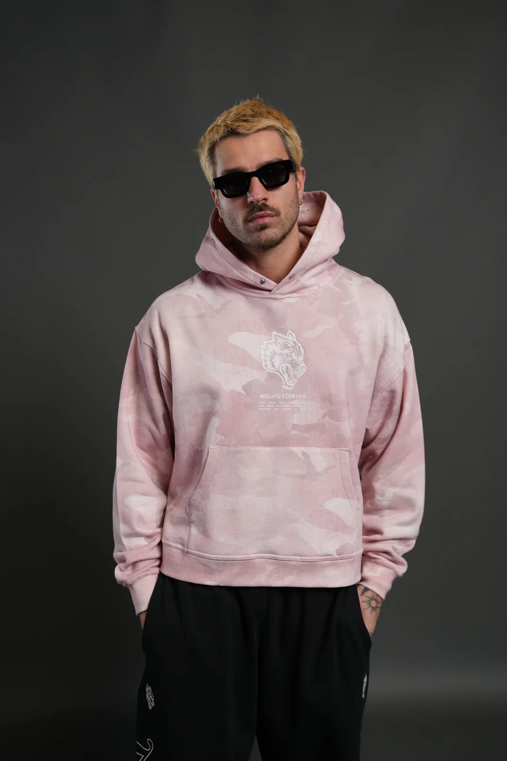 WOLVES HAVE YOUR BACK UNISEX "BOX CUT" PIERCE HOODIE IN BLUSH VINTAGE WOODLAND CAMO
