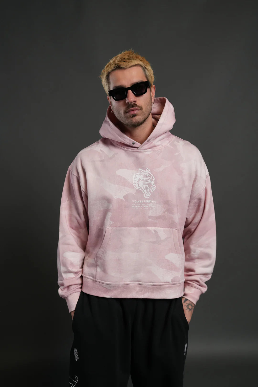 WOLVES HAVE YOUR BACK UNISEX "BOX CUT" PIERCE HOODIE IN BLUSH VINTAGE WOODLAND CAMO