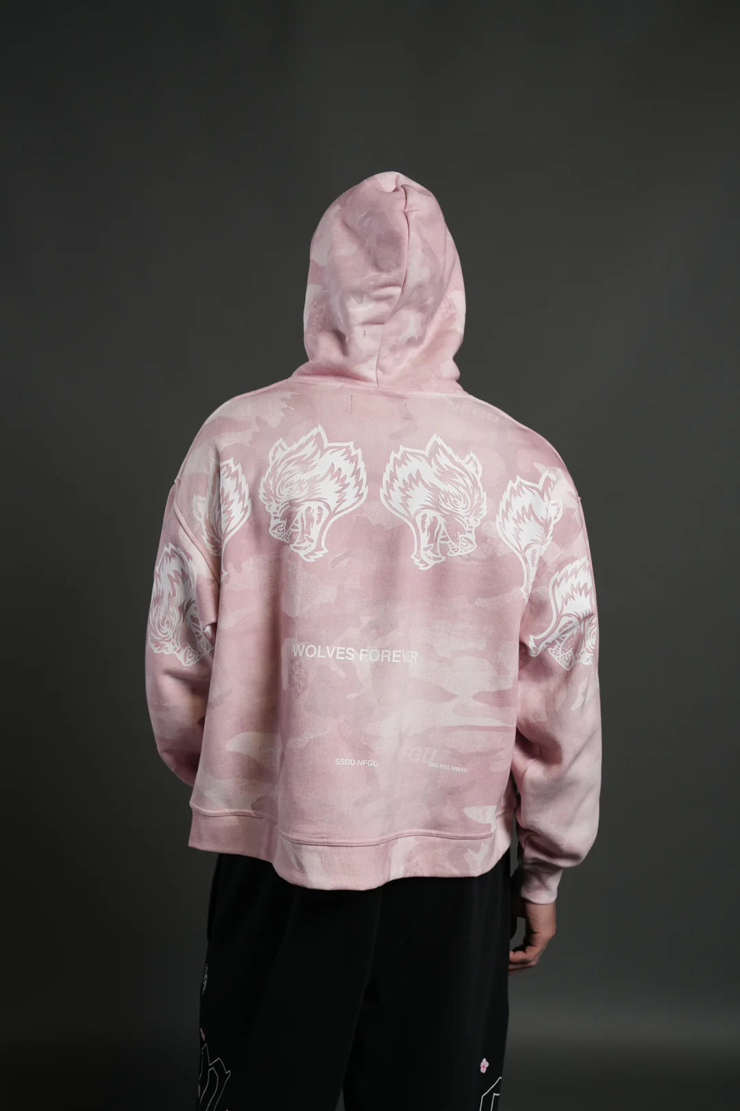 WOLVES HAVE YOUR BACK UNISEX "BOX CUT" PIERCE HOODIE IN BLUSH VINTAGE WOODLAND CAMO