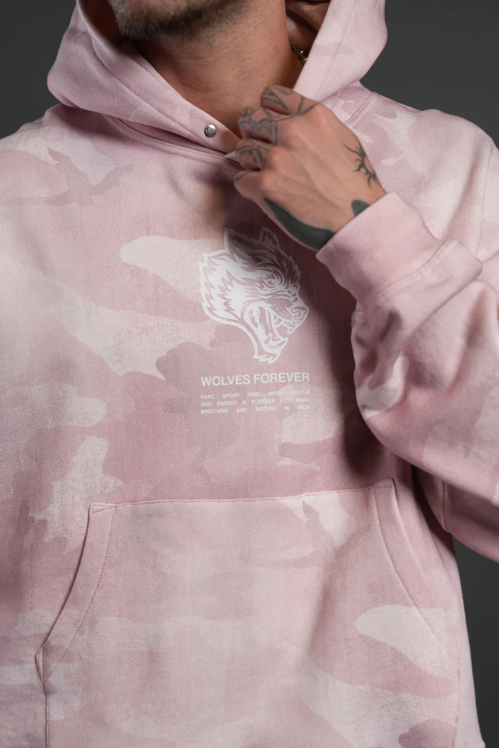 WOLVES HAVE YOUR BACK UNISEX "BOX CUT" PIERCE HOODIE IN BLUSH VINTAGE WOODLAND CAMO