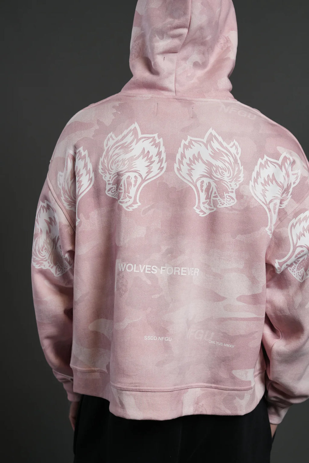 WOLVES HAVE YOUR BACK UNISEX "BOX CUT" PIERCE HOODIE IN BLUSH VINTAGE WOODLAND CAMO