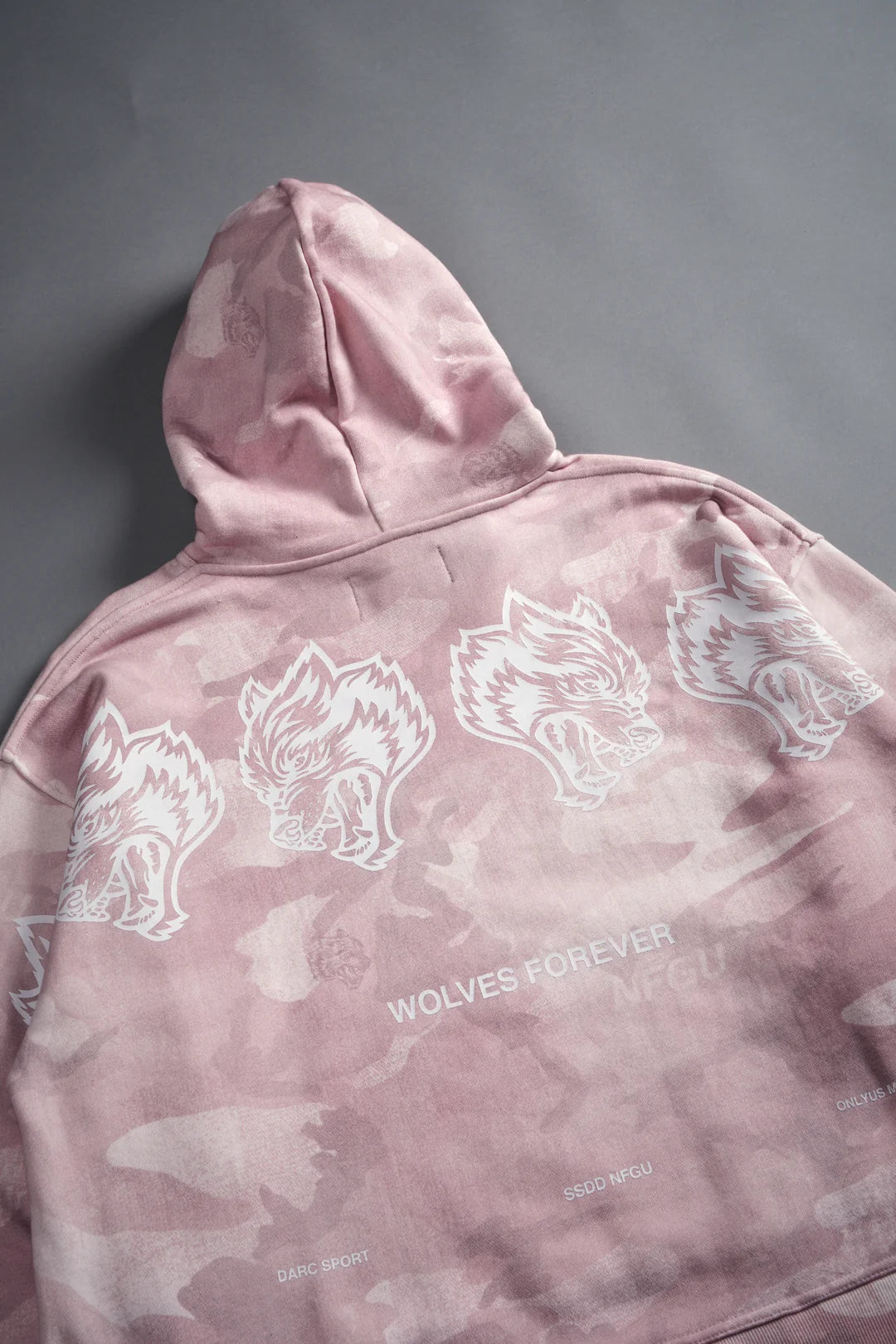 WOLVES HAVE YOUR BACK UNISEX "BOX CUT" PIERCE HOODIE IN BLUSH VINTAGE WOODLAND CAMO