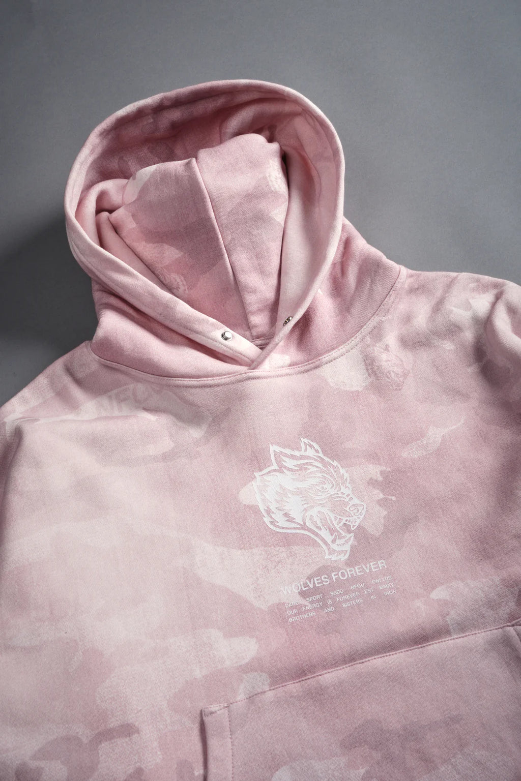 WOLVES HAVE YOUR BACK UNISEX "BOX CUT" PIERCE HOODIE IN BLUSH VINTAGE WOODLAND CAMO