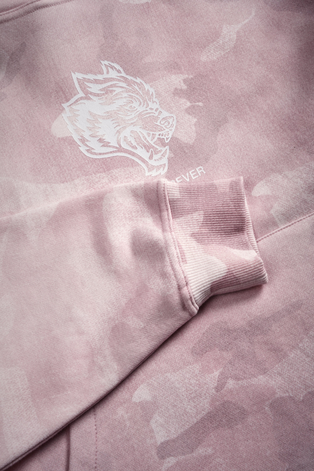 WOLVES HAVE YOUR BACK UNISEX "BOX CUT" PIERCE HOODIE IN BLUSH VINTAGE WOODLAND CAMO