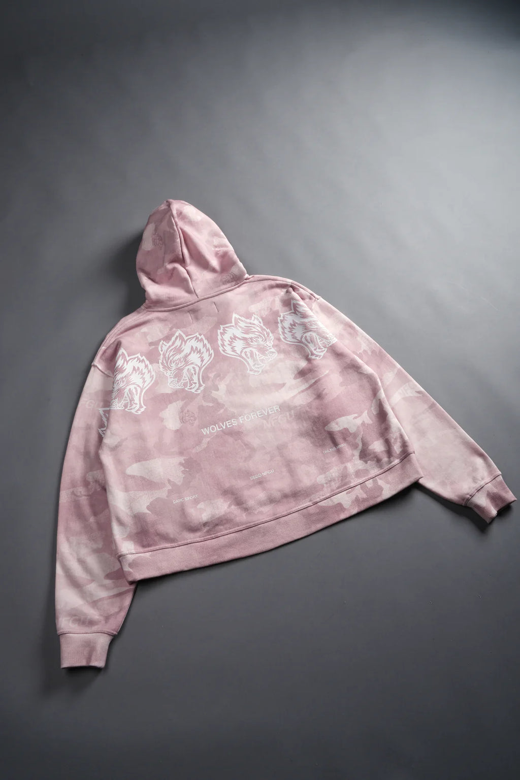 WOLVES HAVE YOUR BACK UNISEX "BOX CUT" PIERCE HOODIE IN BLUSH VINTAGE WOODLAND CAMO