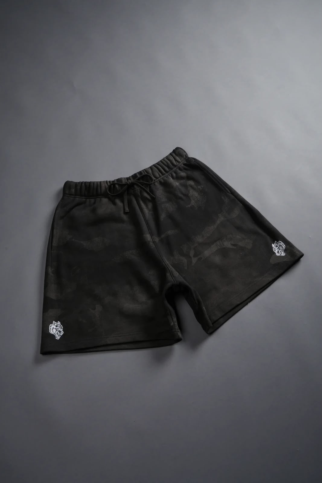 Dual Oversized Post Lounge Sweat Shorts Black Vintage Woodland Camo