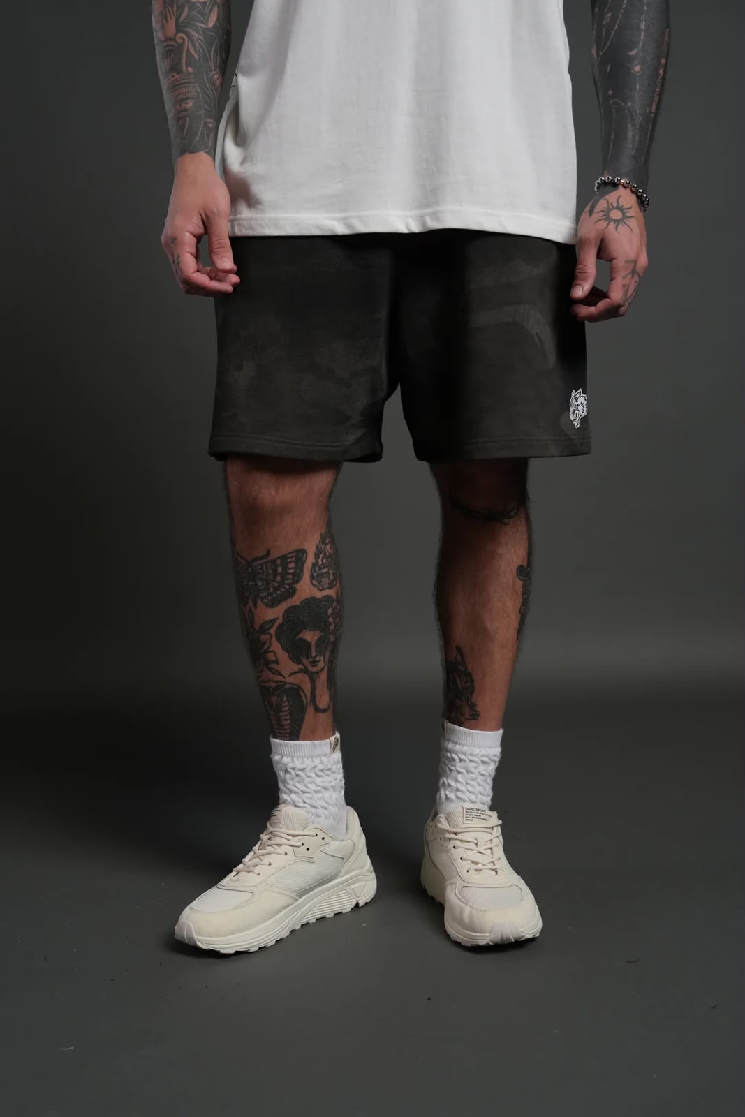 Dual Oversized Post Lounge Sweat Shorts Black Vintage Woodland Camo