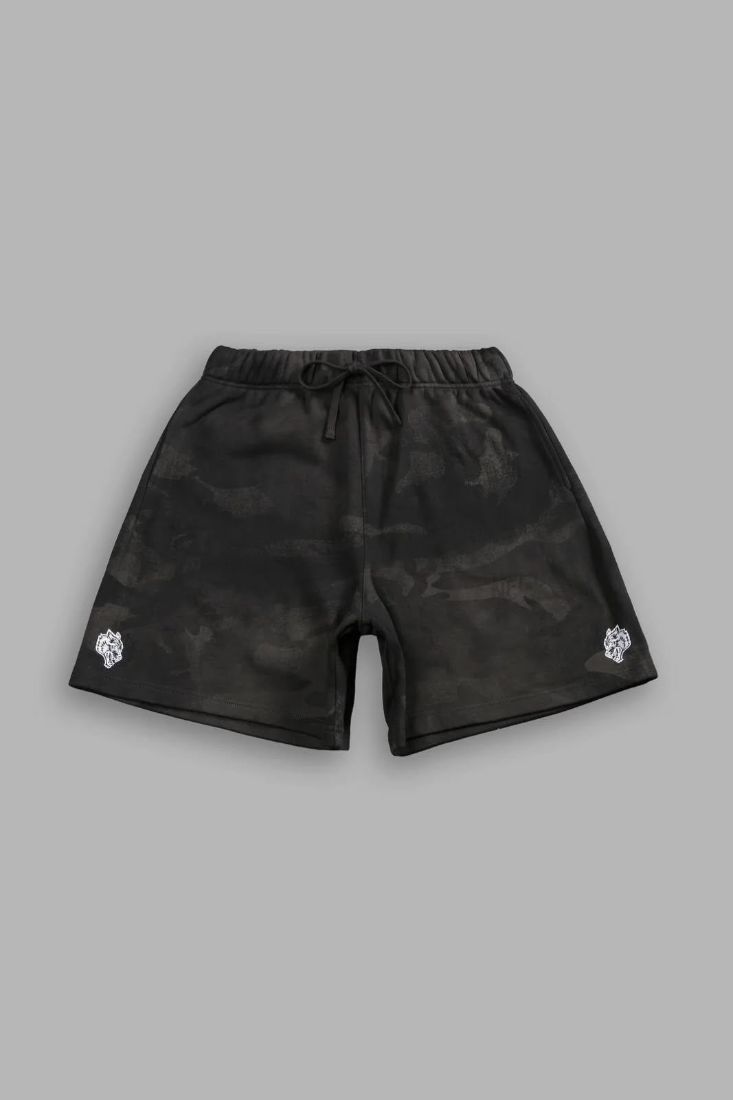 Dual Oversized Post Lounge Sweat Shorts Black Vintage Woodland Camo