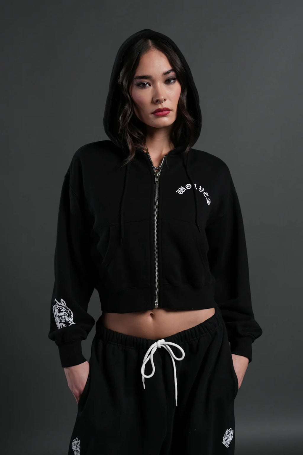 WOLF CHOPPER FRVR "SAGE" CROPPED ZIP HOODIE IN BLACK