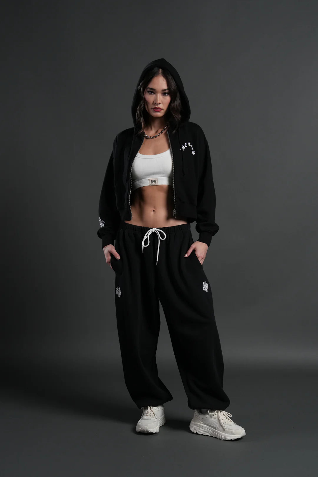 WOLF CHOPPER FRVR "SAGE" CROPPED ZIP HOODIE IN BLACK
