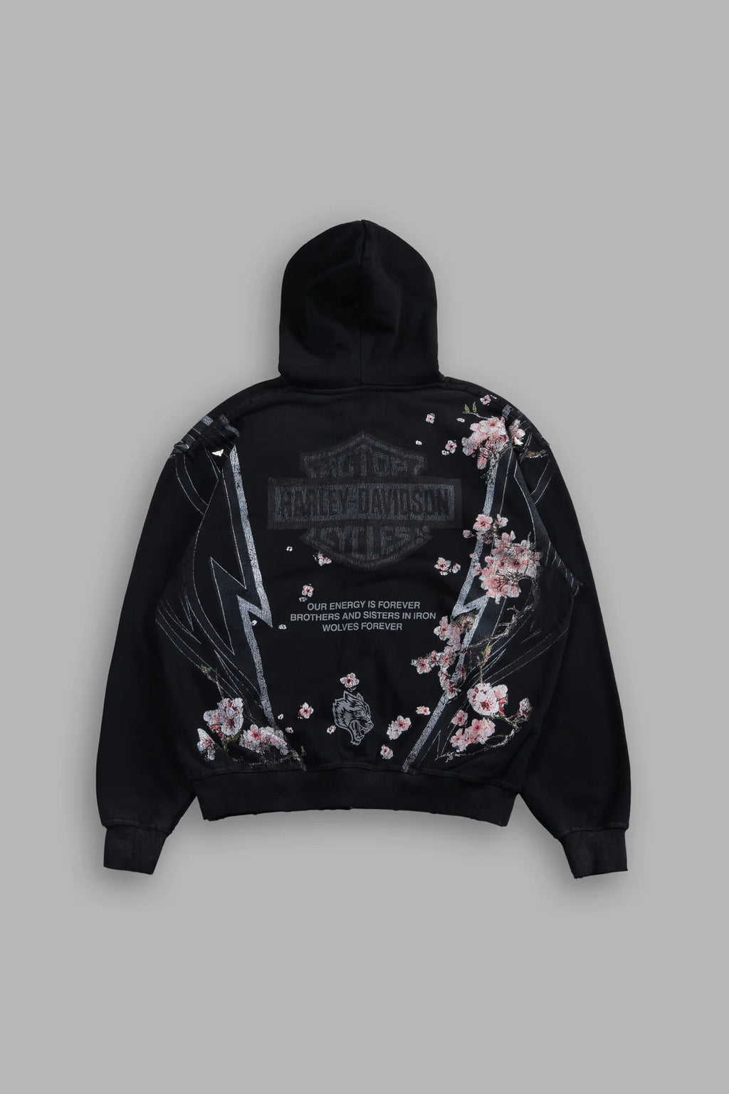 IRON SAKURA GRUNGE MOATIS ZIP HOODIE IN BLACK DRIFT WASH