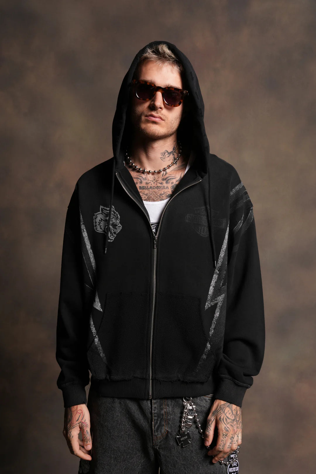 IRON SAKURA GRUNGE MOATIS ZIP HOODIE IN BLACK DRIFT WASH