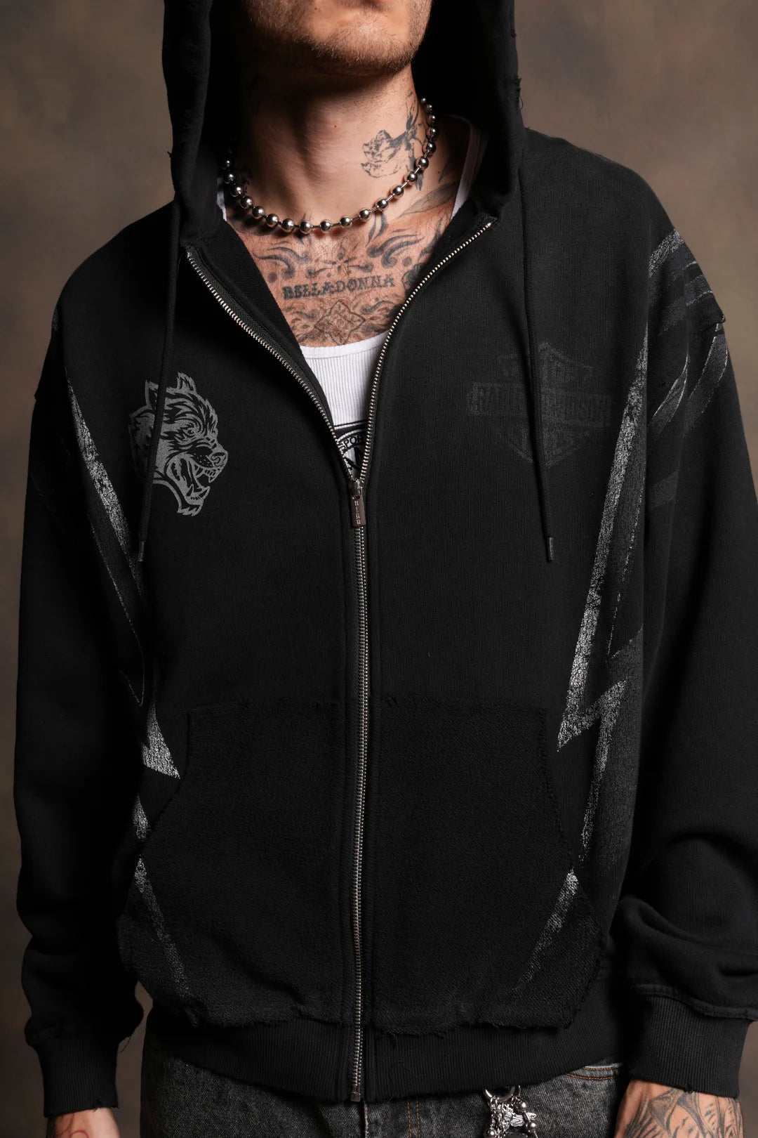 IRON SAKURA GRUNGE MOATIS ZIP HOODIE IN BLACK DRIFT WASH