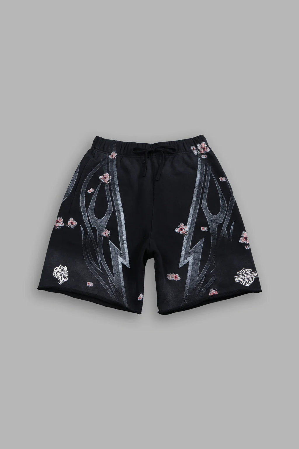 IRON SAKURA GRUNGE OVERSIZED RAW HEM POST LOUNGE SWEAT SHORTS IN BLACK DRIFT WASH