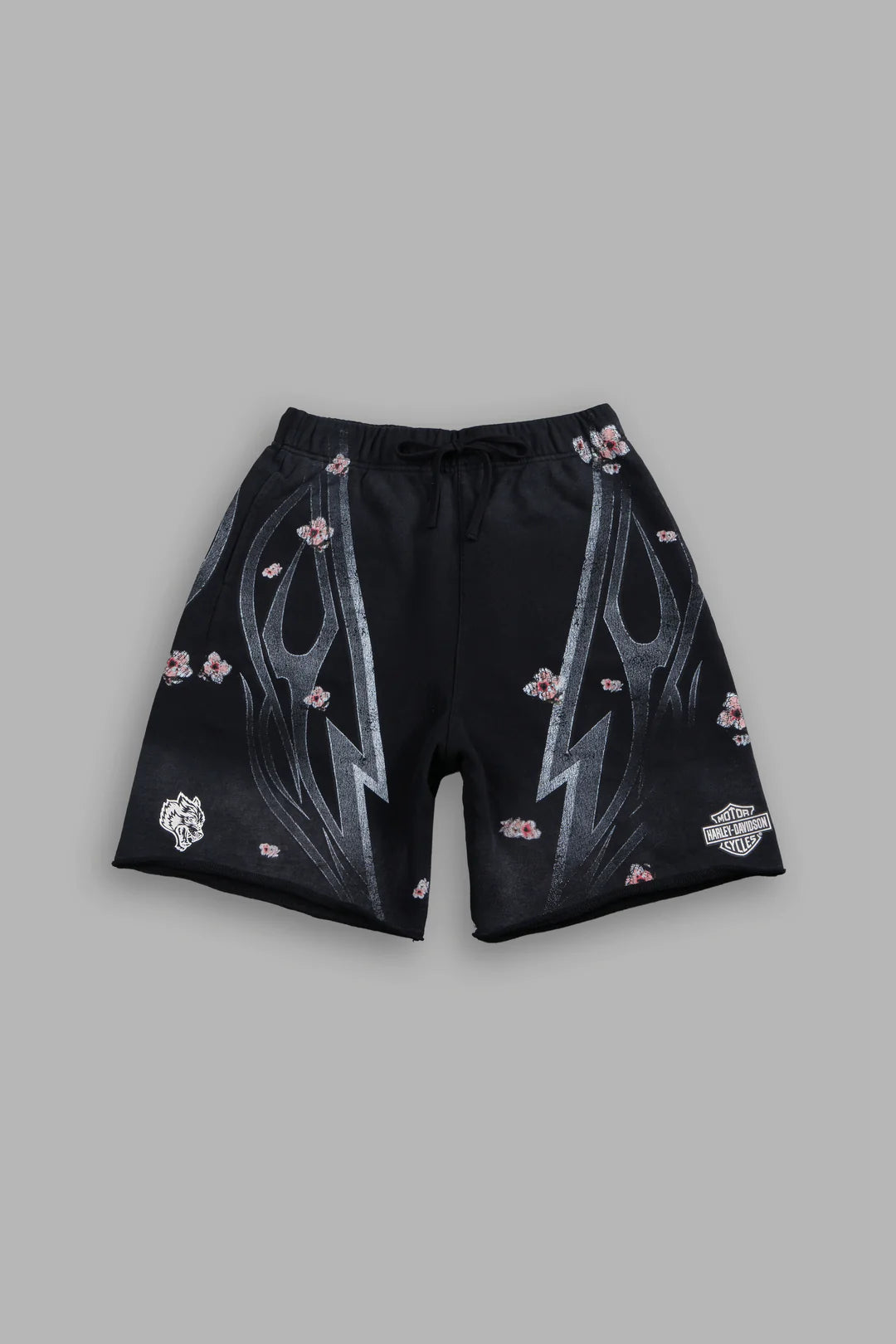 IRON SAKURA GRUNGE OVERSIZED RAW HEM POST LOUNGE SWEAT SHORTS IN BLACK DRIFT WASH
