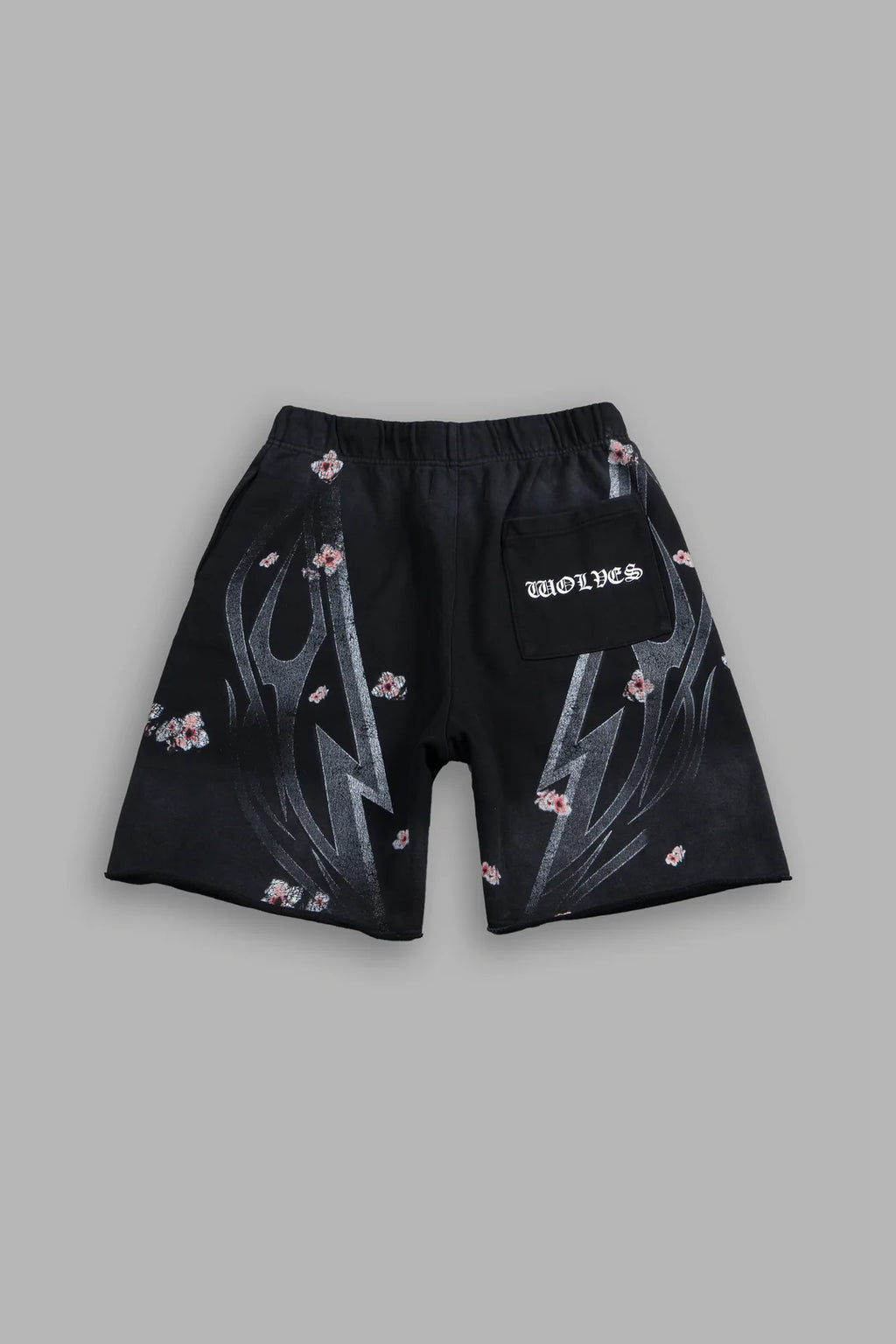 IRON SAKURA GRUNGE OVERSIZED RAW HEM POST LOUNGE SWEAT SHORTS IN BLACK DRIFT WASH
