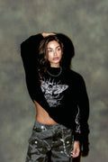 H-D MOTH INFERNO DISTRESSED GRUNGE BOX CUT LS TEE IN BLACK