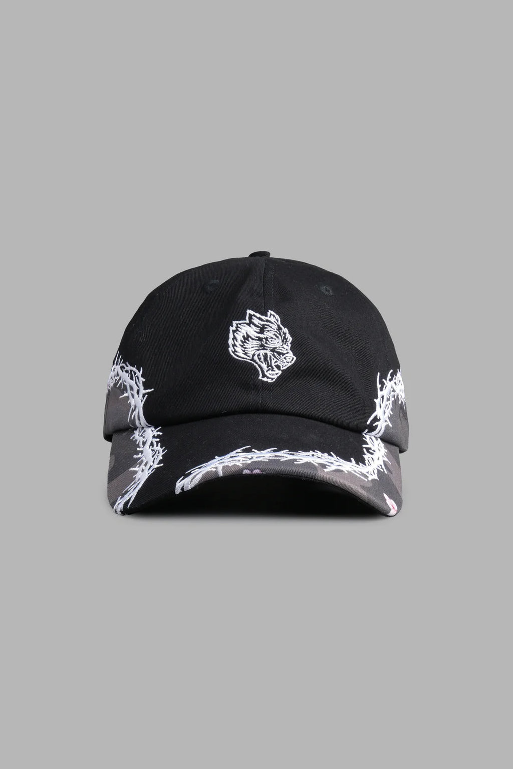 SCORCHED THORNS DAD HAT (V2) IN BLACK/BLOSSOM WOODLAND CAMO