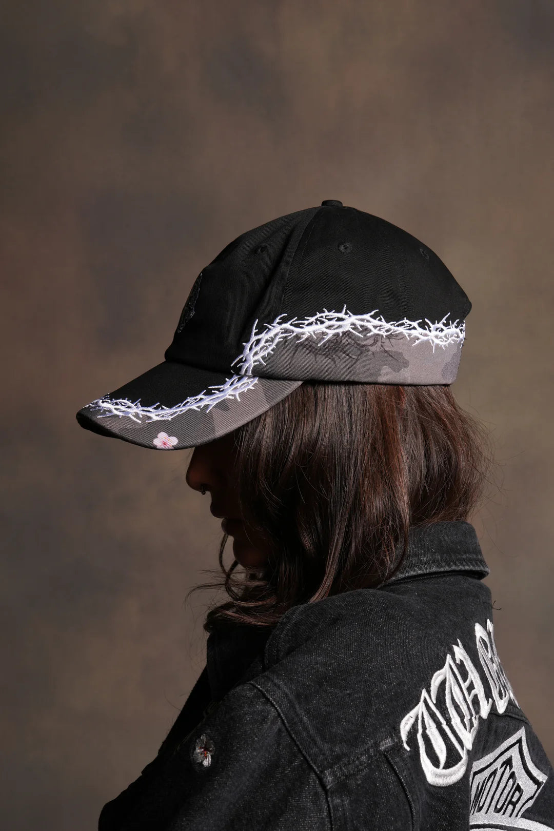 SCORCHED THORNS DAD HAT (V2) IN BLACK/BLOSSOM WOODLAND CAMO
