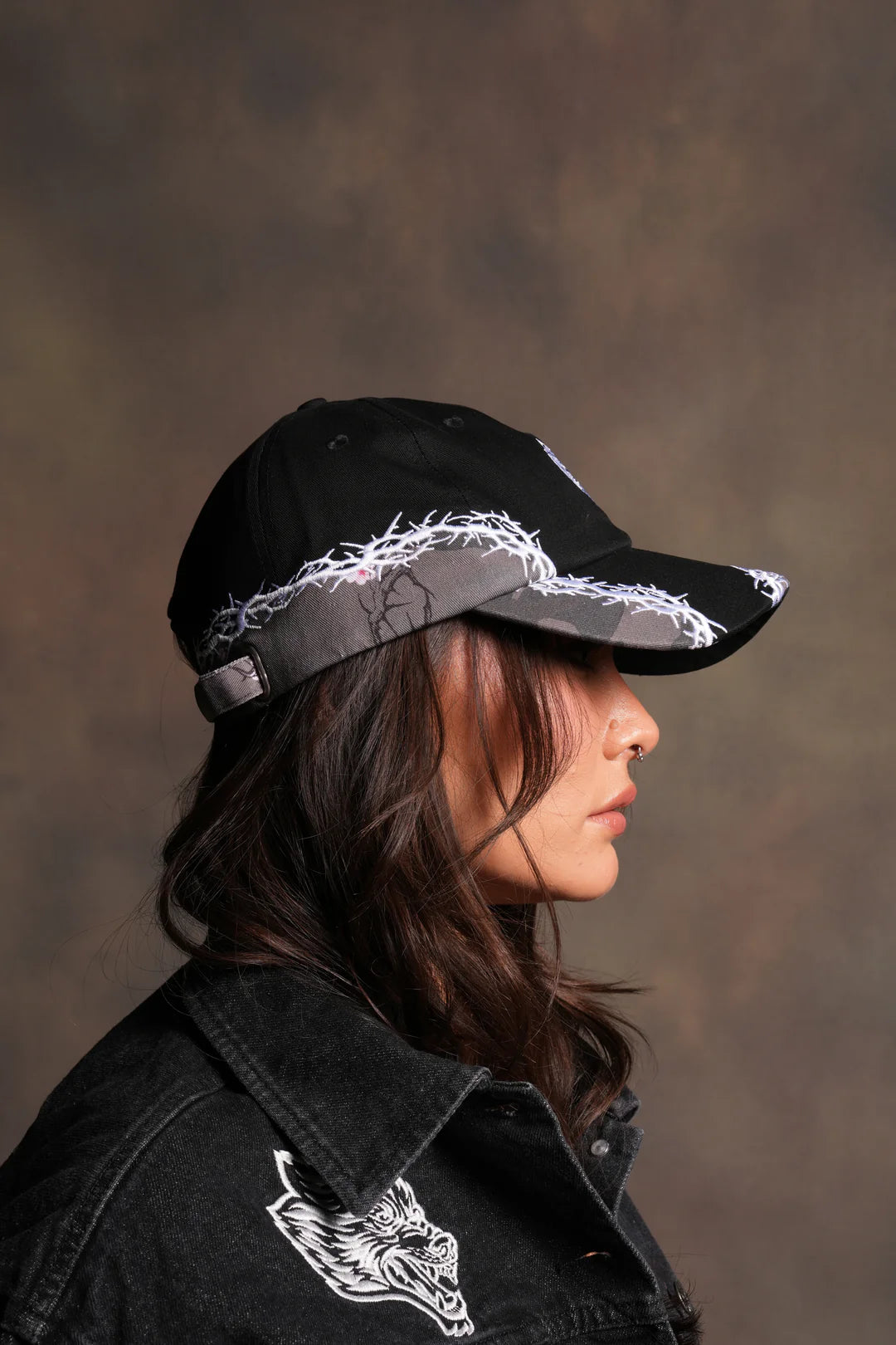 SCORCHED THORNS DAD HAT (V2) IN BLACK/BLOSSOM WOODLAND CAMO