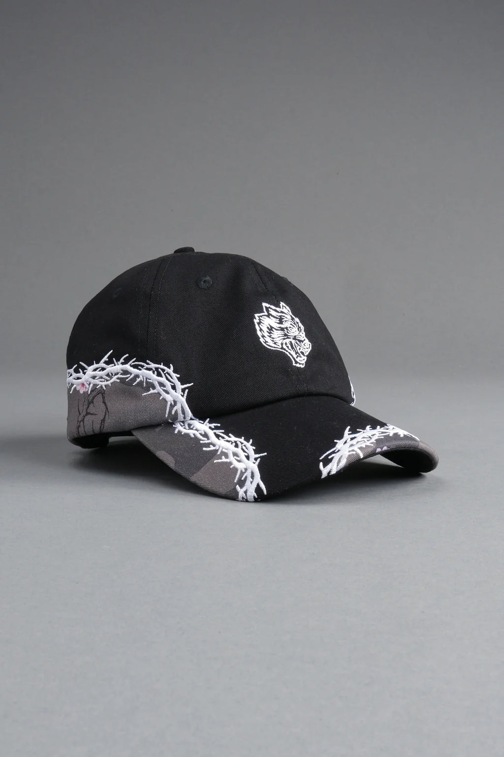 SCORCHED THORNS DAD HAT (V2) IN BLACK/BLOSSOM WOODLAND CAMO