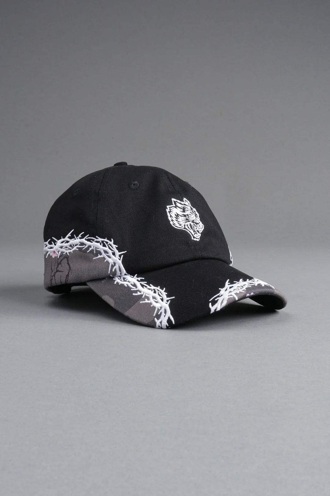 SCORCHED THORNS DAD HAT (V2) IN BLACK/BLOSSOM WOODLAND CAMO
