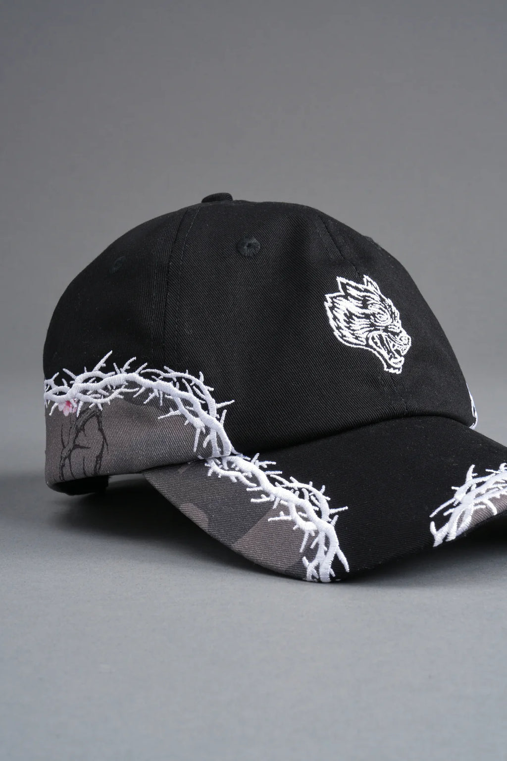 SCORCHED THORNS DAD HAT (V2) IN BLACK/BLOSSOM WOODLAND CAMO