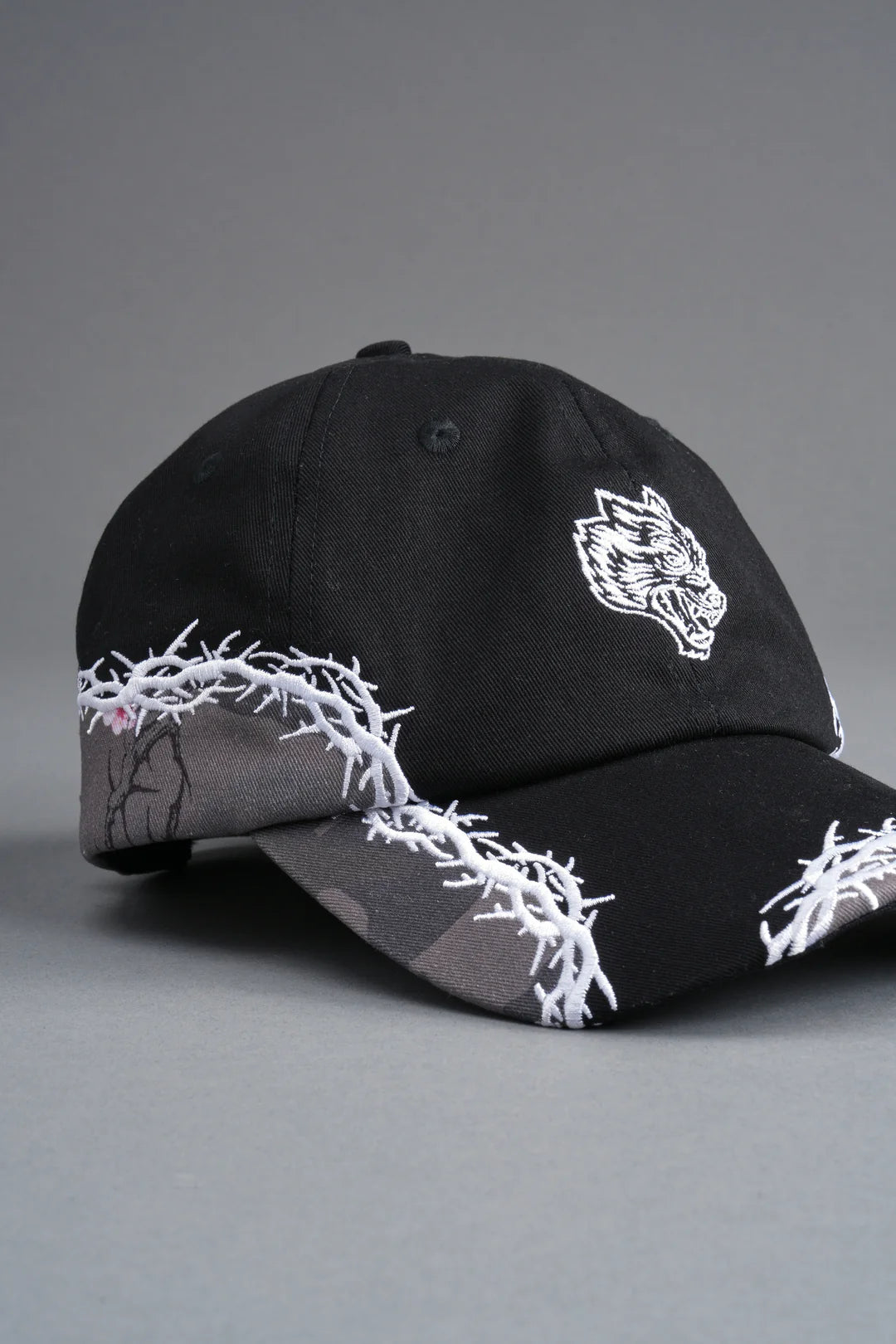 SCORCHED THORNS DAD HAT (V2) IN BLACK/BLOSSOM WOODLAND CAMO