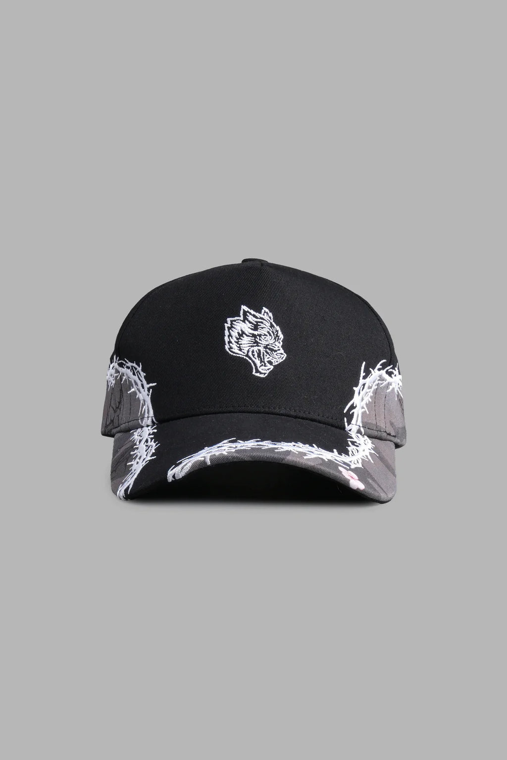 SCORCHED THORNS 5 PANEL HAT IN BLACK/BLOSSOM WOODLAND CAMO