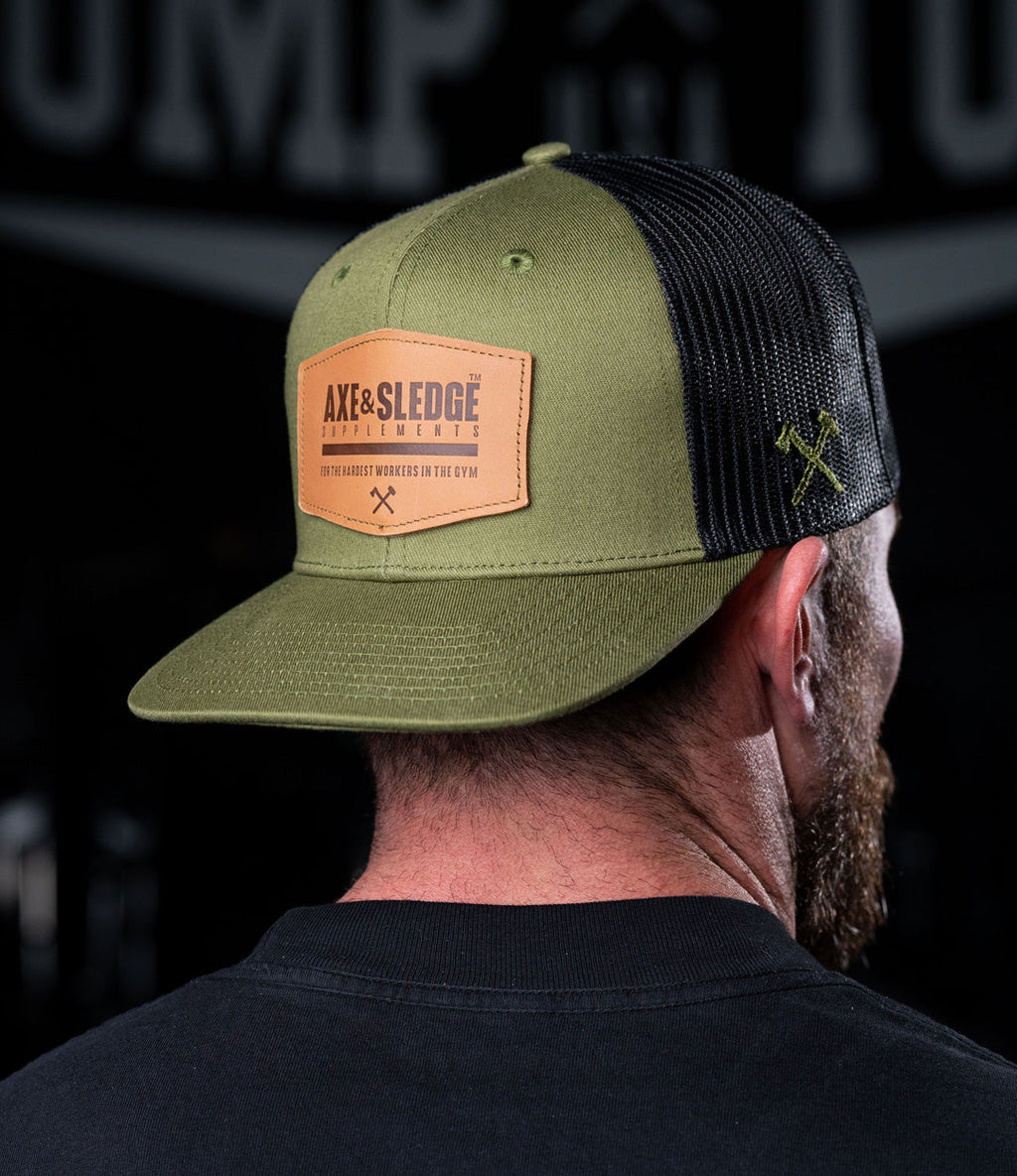 AXE LEATHER PATCH FLAT BRIM HAT // OLIVE