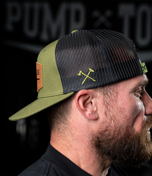 AXE LEATHER PATCH FLAT BRIM HAT // OLIVE