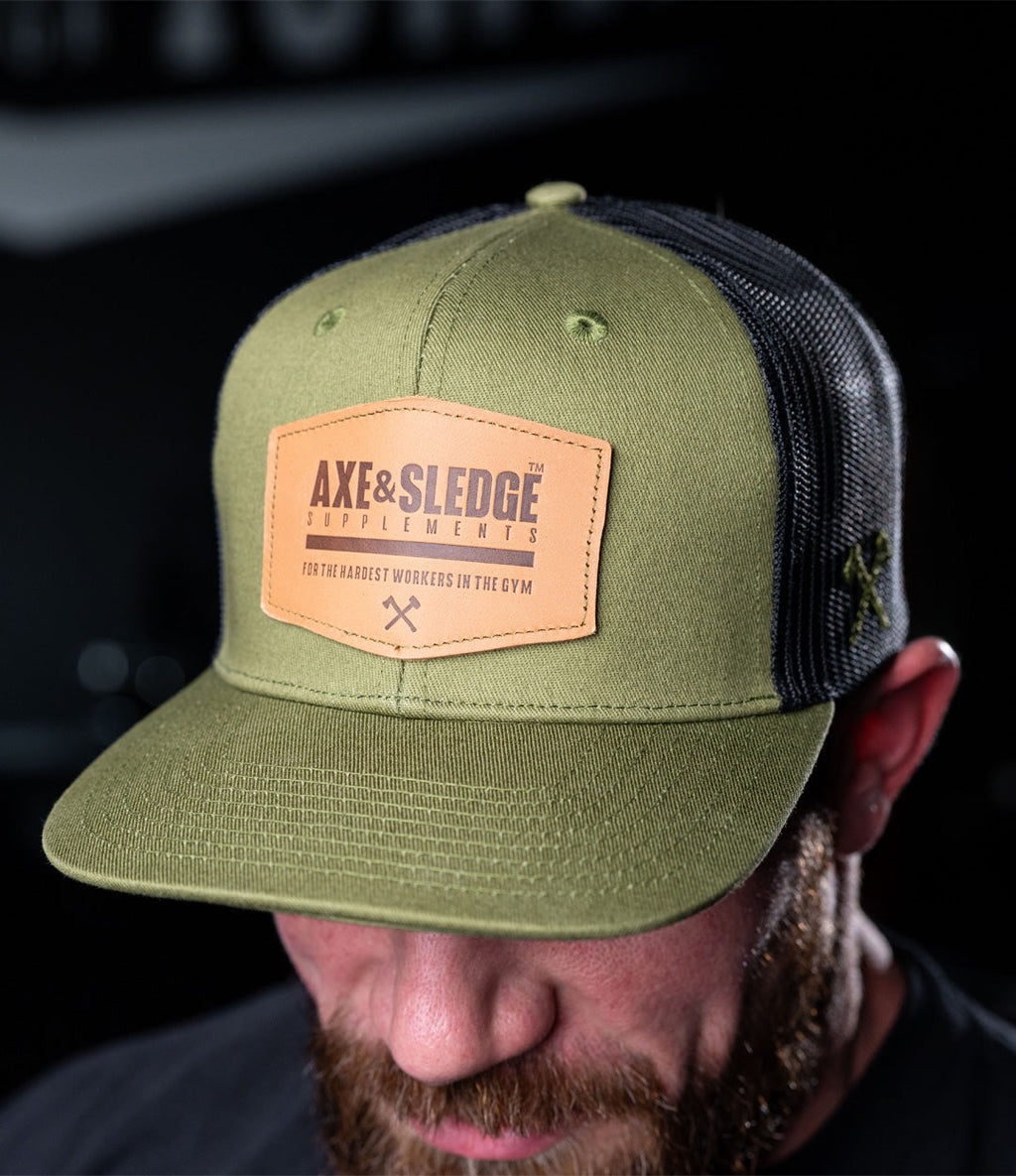 AXE LEATHER PATCH FLAT BRIM HAT // OLIVE